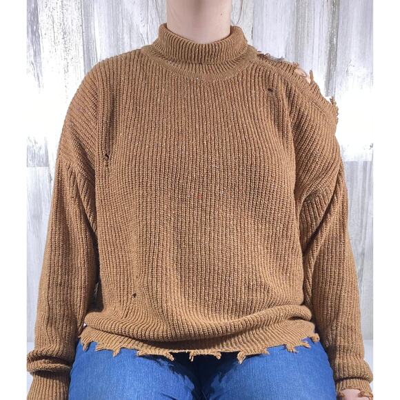 Zenana Sweater Size Medium Brown Color Flecks Open Shoulder Distressed Oversized - Picture 1 of 11
